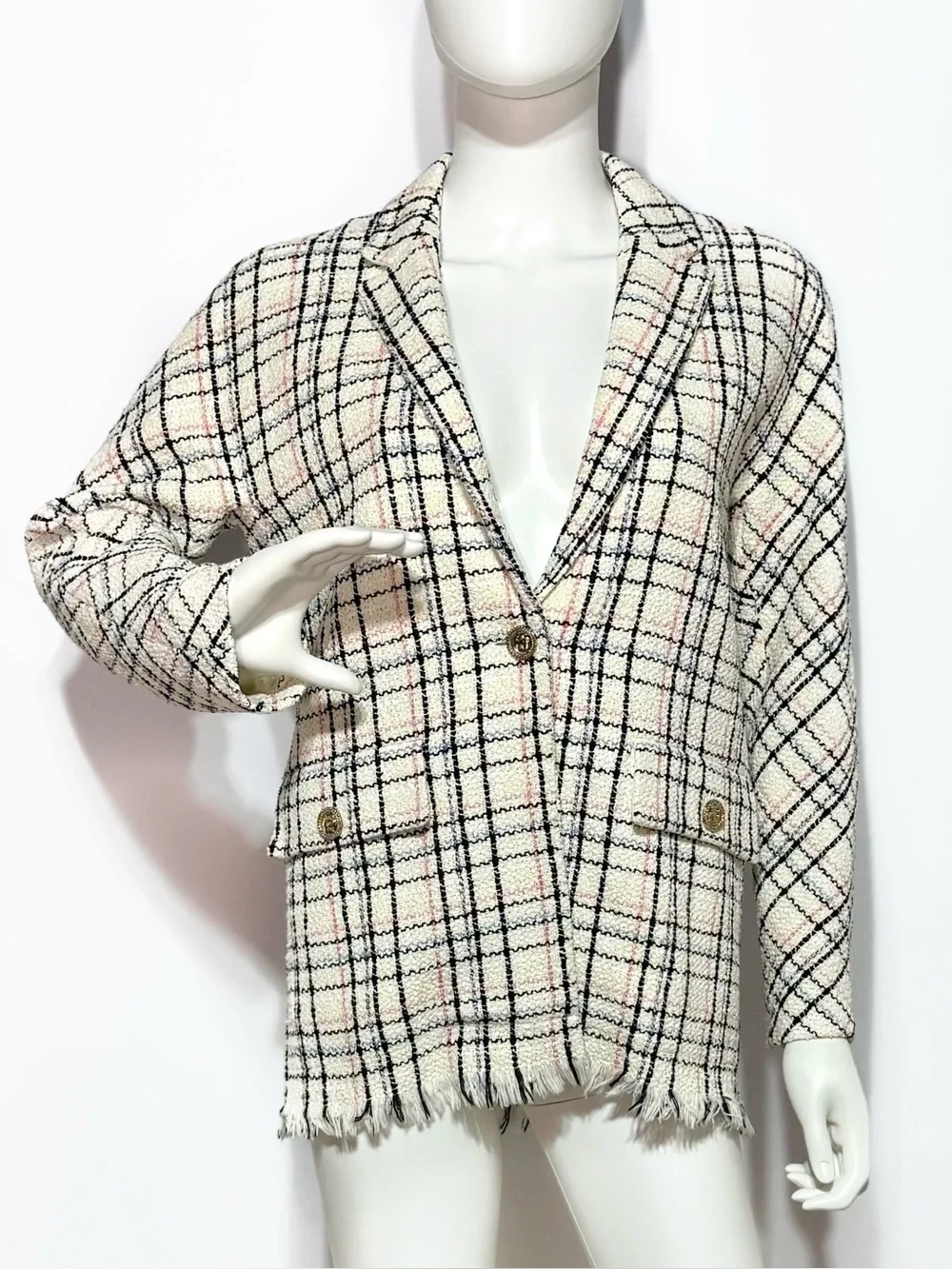 Maje preppy coquette style cream multicolored plaid blazer with gold button | 34